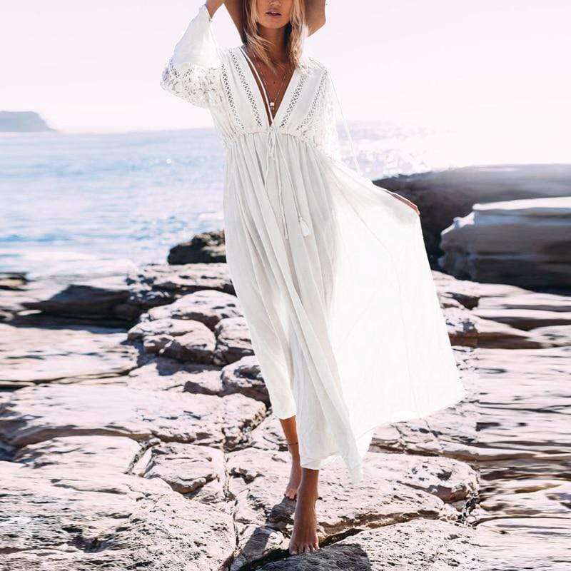 Long Sleeve Maxi Dress | White Boho Long Dress | Beach Cover Up Dress